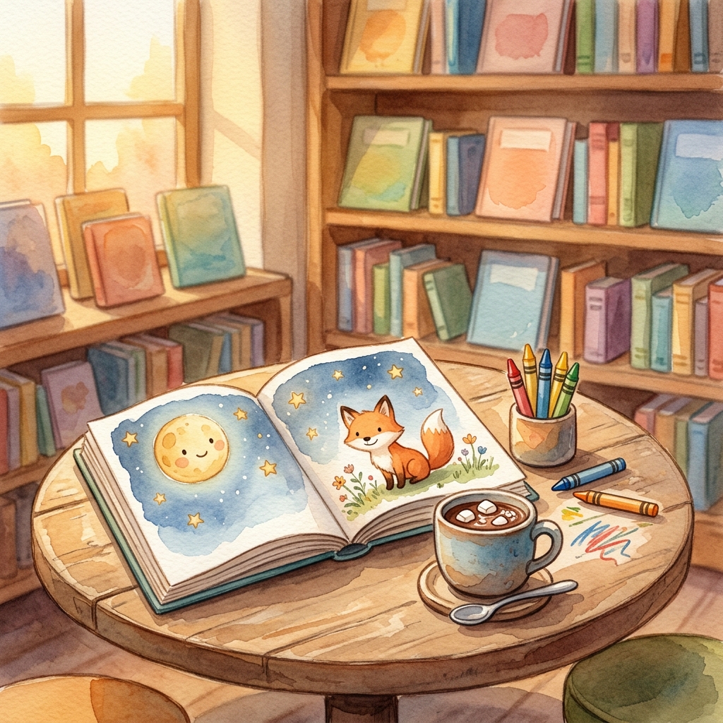 Открытая книжка с луной и лисёнком, какао и карандаши на круглом столе